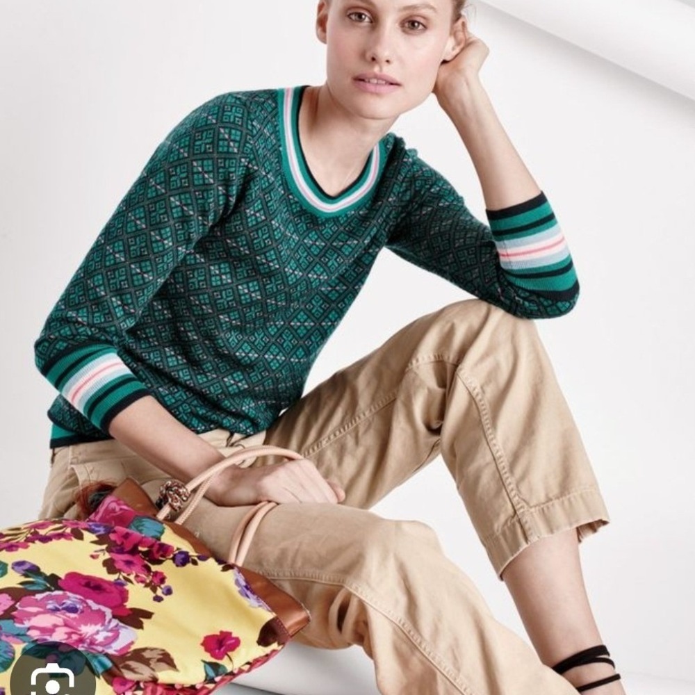 J.Crew 100%‎ Merino Wool Fair Isle Geometric Festive Sweater Green Pink Large